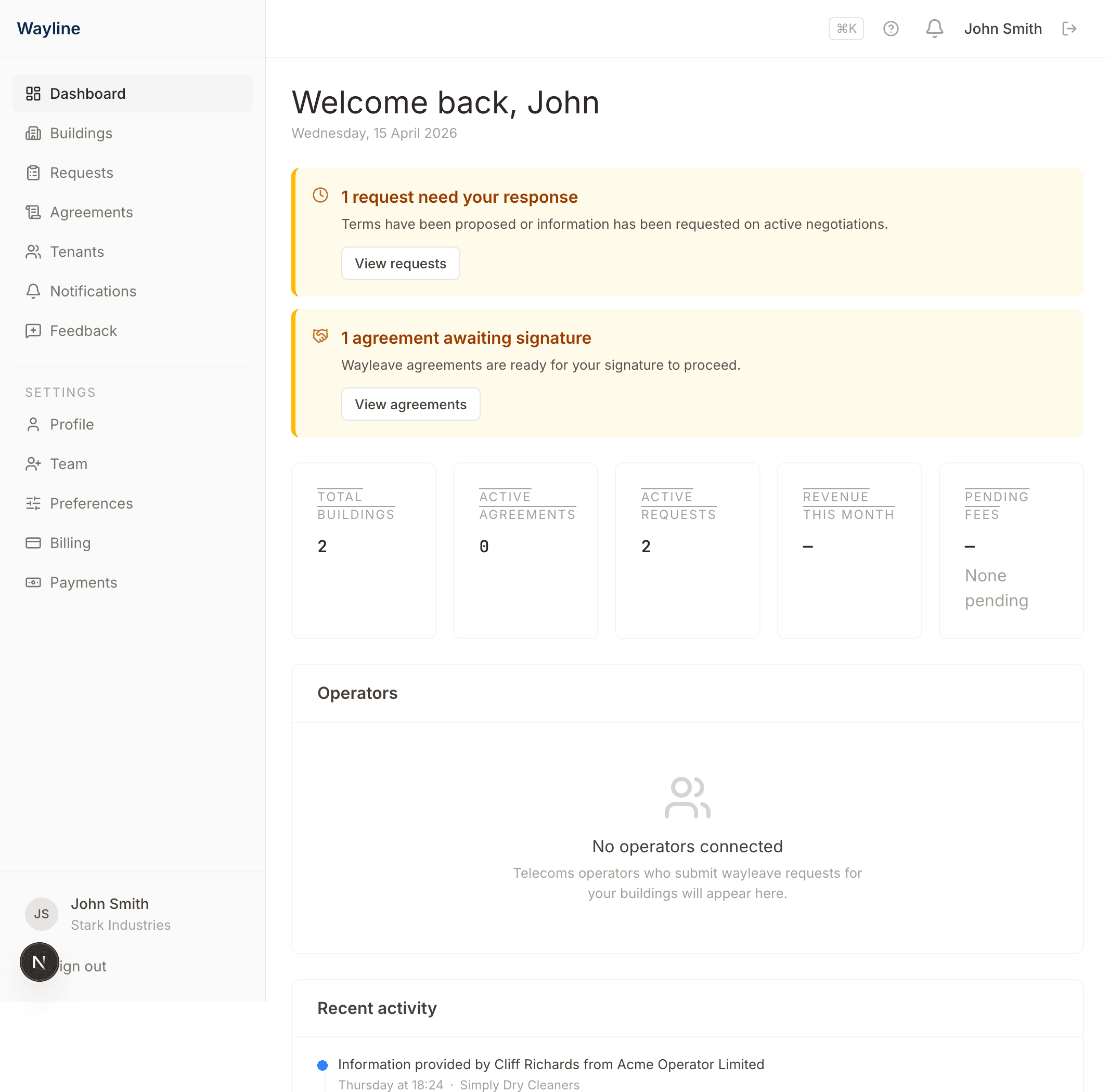 Wayline landlord dashboard showing active buildings, open requests, and signed agreements