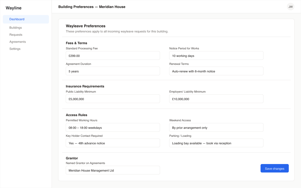 Wayline building preferences page showing wayleave terms, insurance requirements, and access rules